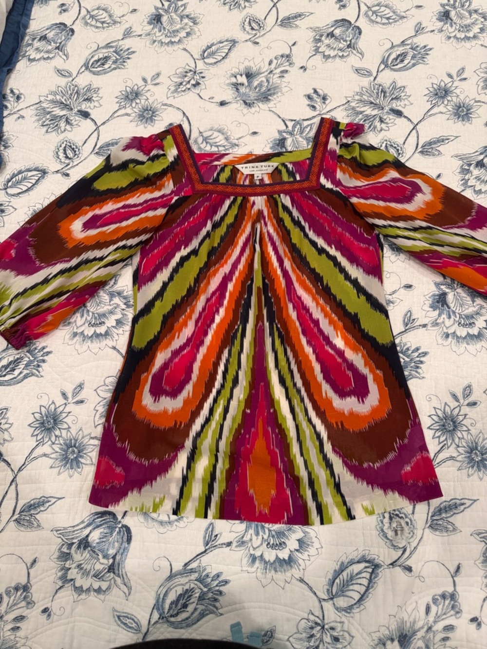 Trina Turk Vibrant Multicolor Square-Neck Tunic with Ikat Motif Petite size